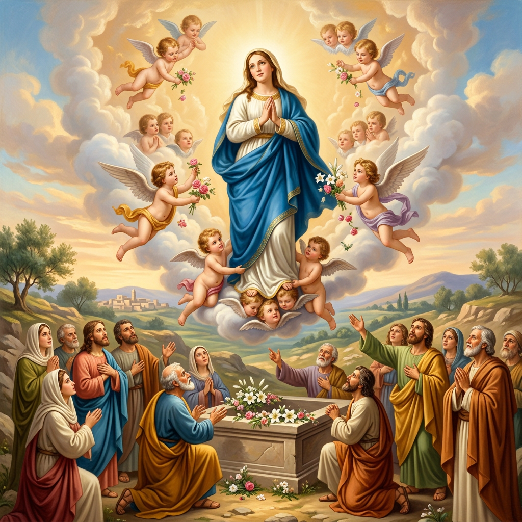 Virgin Mary ascending to heaven surrounded by angels and disciples